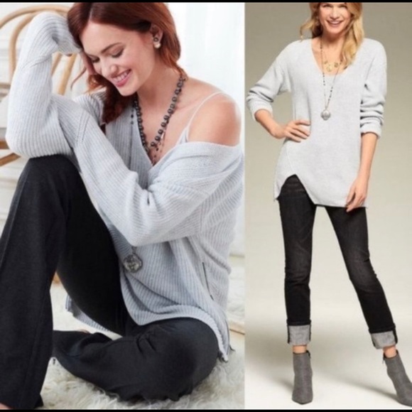 - Cabi women’s Deep V Neck Sweater Gray Cloud Side Zip Ribbed Knit Size small - Picture 2 of 7